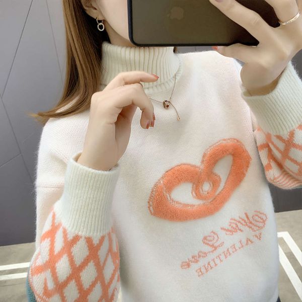 

high necked sweater for women's winter thickening and loose jacquard dress, White;black