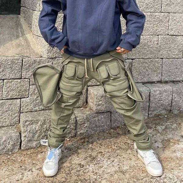 

men's pants high street multi-pocket tactical zipper cannonball function male overalls straight harjuku loose cord big pants yu6e, Black