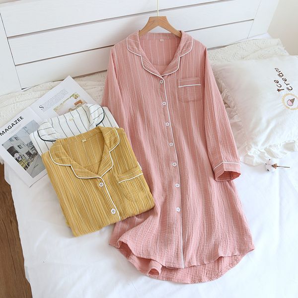 

2021 new spring and summer women's 100% cotton long-sleeved nightgowns simple plus size striped home sleepshirts long hwhx, White