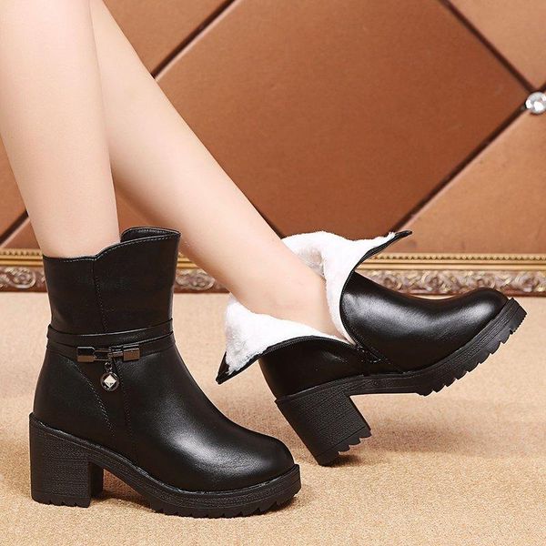 

boots rimocy simple round toe  cm high heels ankle winter warm short plush pumps woman waterproof black pu shoes for women