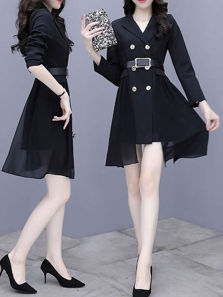 

european goods 2021 autumn new style celebrity small waist suit dress goddess temperament medium length windbreaker, Black;gray
