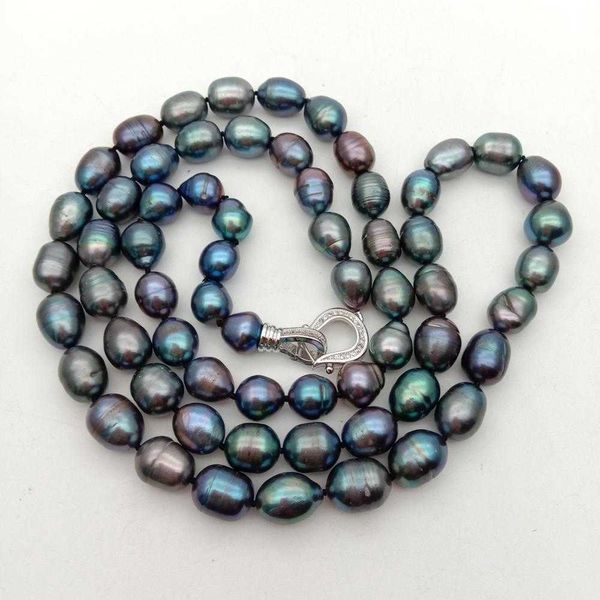 

9*12mm natural freshwater cultured black rice pearl long necklace cz pave clasp for office style women party gift, Silver