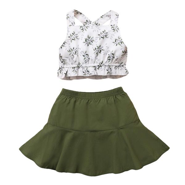 

clothing sets 1-6t summer baby clothes 2pcs set two piece fresh leaves print ruffles suspender and elastic a-line short skirt, White