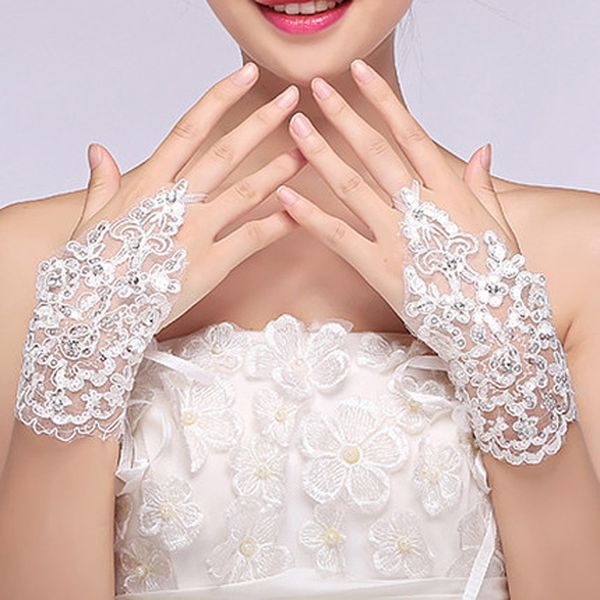 

women lace appliques beads fingerless bridal gloves wrist length with ribbon rhinestone bride gloves wedding accessories, White