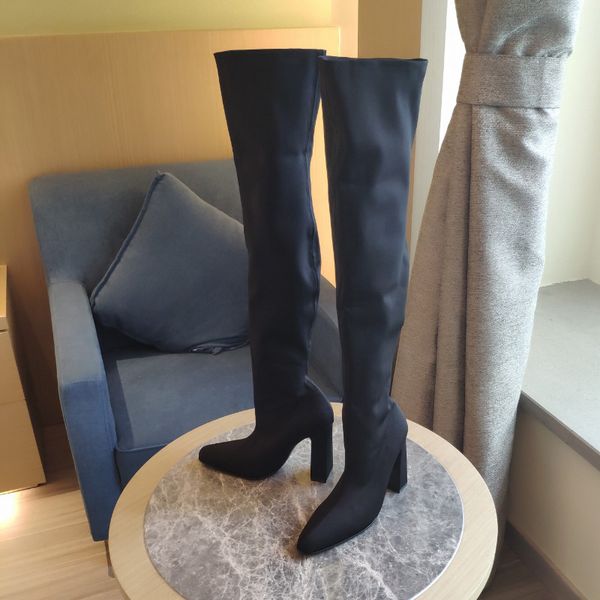 

knife shark block heels thigh-high tall boots stretch fabric and black over-knee-high chunky boot for women luxury designer shoes factory fo