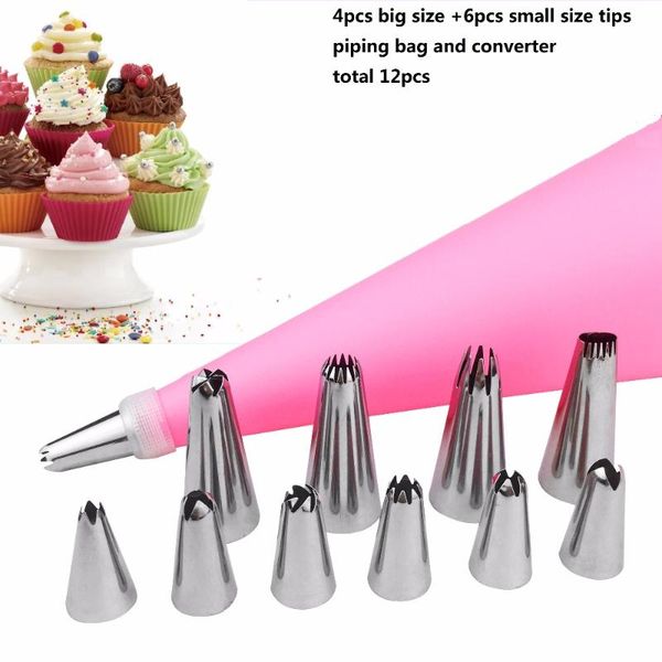 

baking & pastry tools lecook cake decorating 10pcs tips cream big nozzles stainless steel metal set with piping bag bake