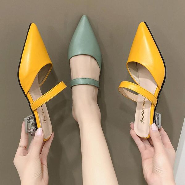 

slippers 2021 summer women shoes woman mules ladies pointed toe solid yellow high heels casual slides, Black