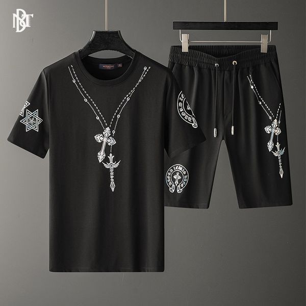 

fashion brand t-shirt suit light luxury personality leisure men's slim round neck cross drill short sleeve, Gray