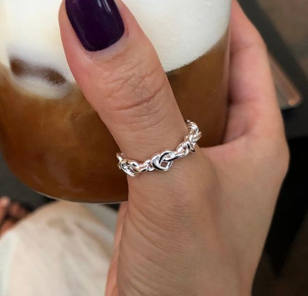 

cluster rings 1pc authentic 925 sterling silver fine jewelry heart love knot chain ring adjust c-j1588, Golden;silver