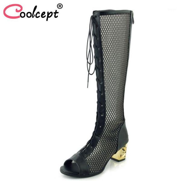 

boots coolcept size 33-46 women high heel round toe platform lace knee female fahsion shoes party club footwear1, Black
