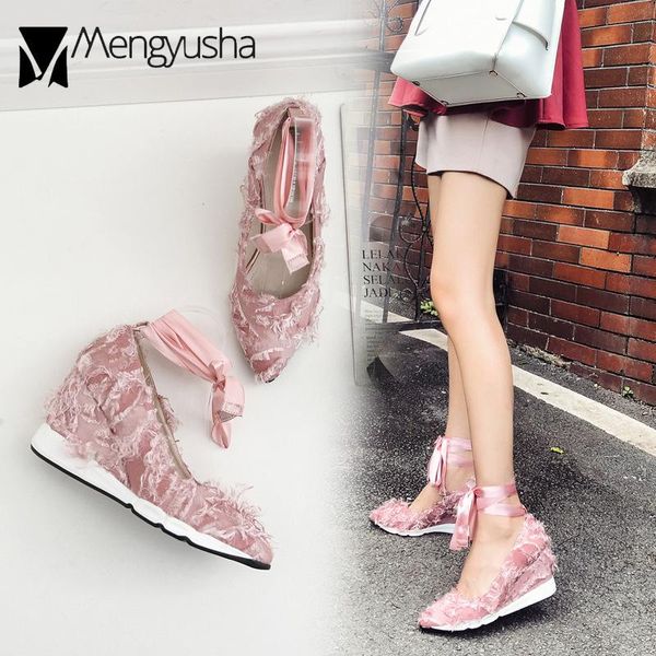 

dress shoes 2021 brand web celebrity silk ribbon wedges high heels women platform pumps riband bowtie feather height increase, Black