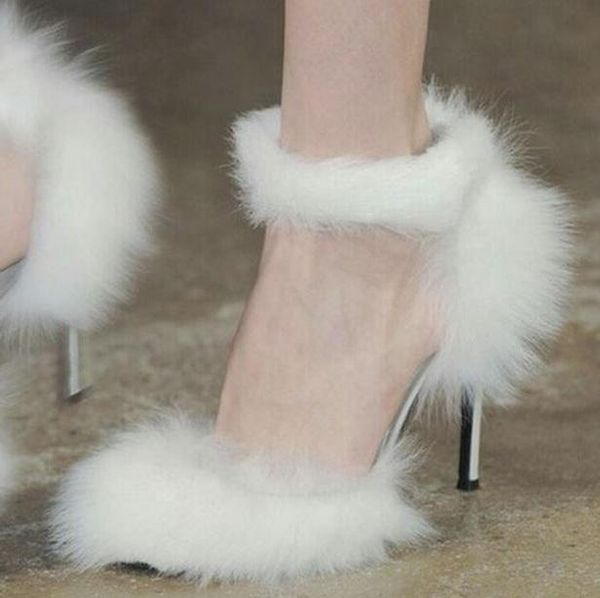 

2021 summer new brand woman solid white color sheep fur elastic band pointed toe stiletto heels party fashion pumps, Black