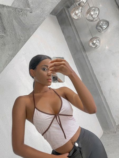 

sxy allover letter graphic contrast binding halter 86pl#, White