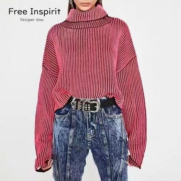 

2021 inspirit new arrival female spring/autumn turn-down collar computer knitted striped loose pullover sweater, White;black
