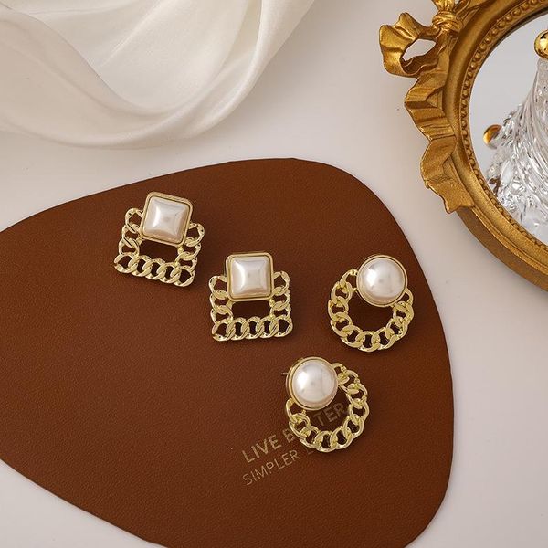 

hoop & huggie 2021 trendy metal braided pearl earrings female temperament fashion sense square round atmospheric, Golden;silver