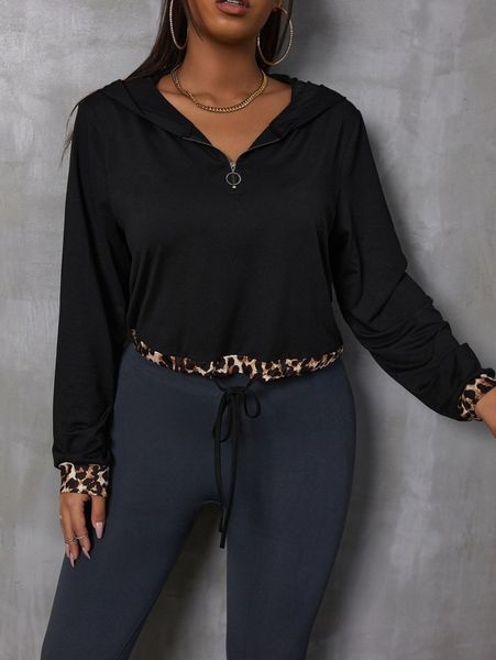 

plus contrast leopard print half zipper hoodie a0cb#, Black