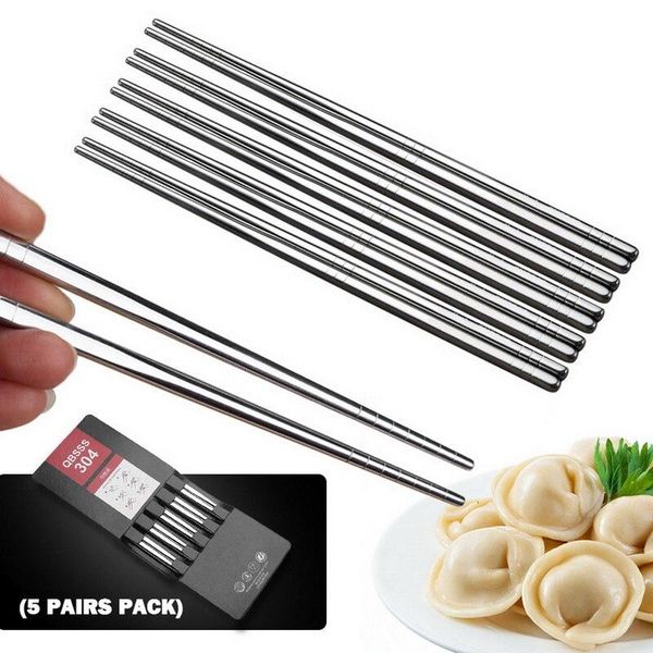 

chopsticks 5 pairs reusable set metal stainless steel kitchen utensils non-slip