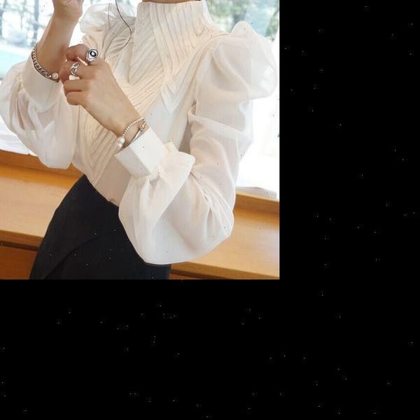 

new 2021 spring autumn women puff sleeve stand collar chiffon blouses office ladies shirt plus size 2xl, White