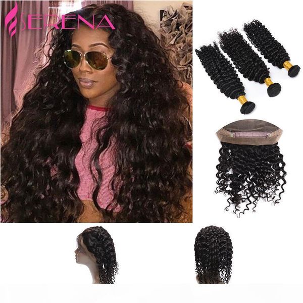

360 lace frontal closure with bundles deep wave peruvian virgin hair with closure 360 full lace band frontal with hair weave, Black;brown