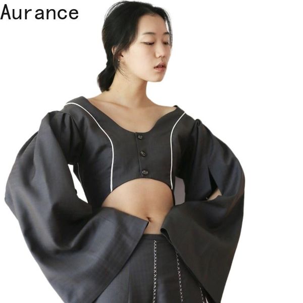 

women's jackets [aurance] women coatfashion tide v-collar long flare sleeve plaid hollow out short jacket spring summer clothes 2021, Black;brown