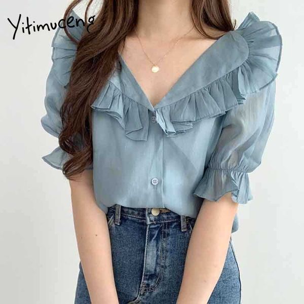 

yitimuceng ruffles blouse women oveisize chiffon shirts puff sleeve unicolor white blue spring summer fashion 210601