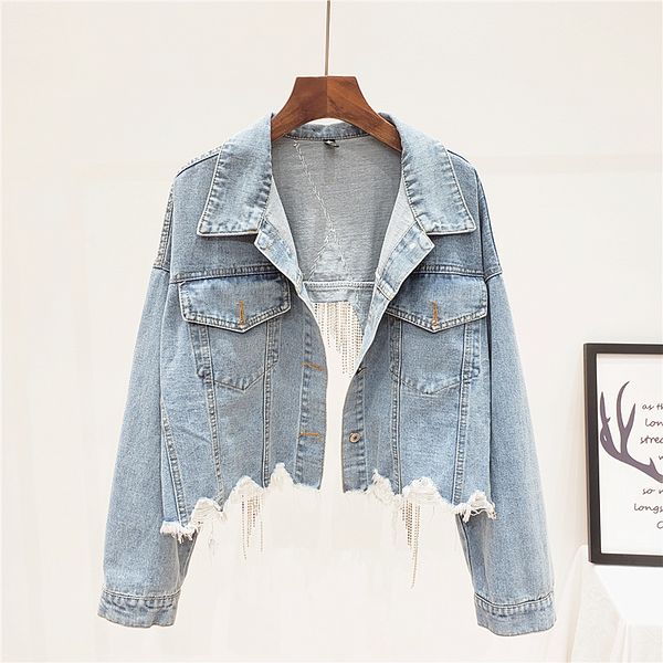 

2021 spring autumn women heavy tassel rhinestone back slit openwork denim coat female blue short jeans jacket outerwear ijf4, Black;brown