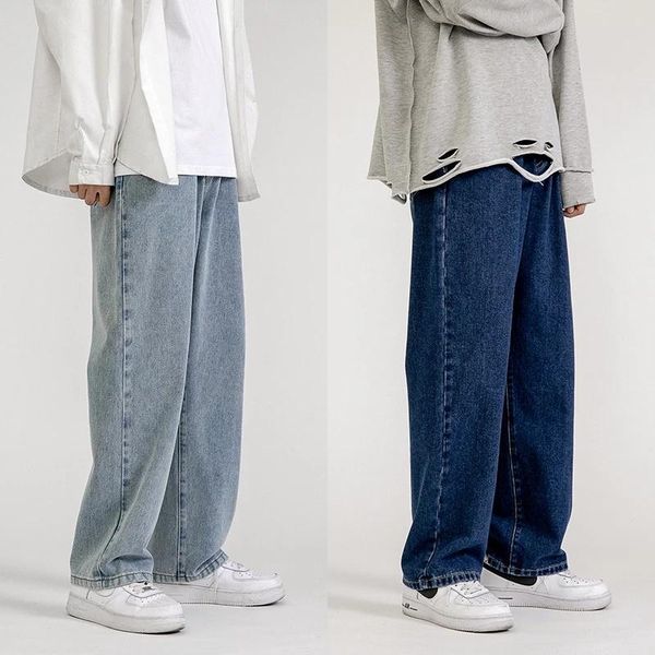

men's jeans fashion loose straight casual wide leg pants cowboy mans streetwear korean hip hop trousers 5 colors, Blue
