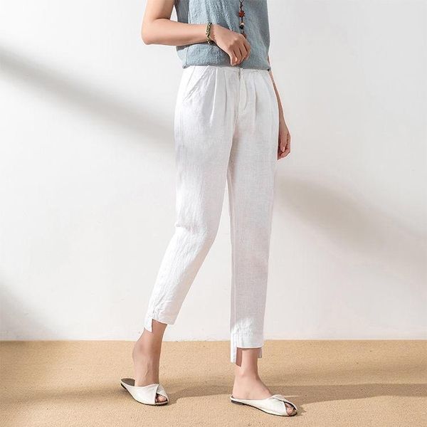 

women's pants & capris summer spring womens female white black beige slim irregular linen , casual elastic high waisted loose trousers, Black;white