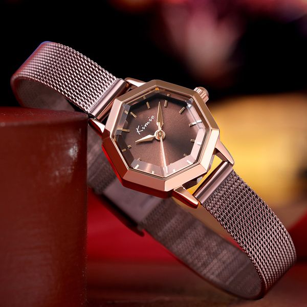 

small gold women's fashion simple octagonal kimio net chain temperament watch women, Slivery;brown