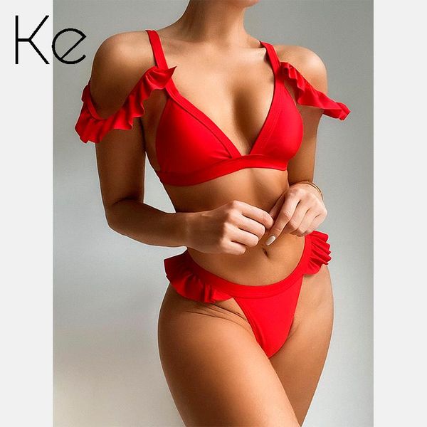 

women's swimwear ke outer single swimsuit 2021 european and american solid color red lotus leaf sleeve ladies split, White;black