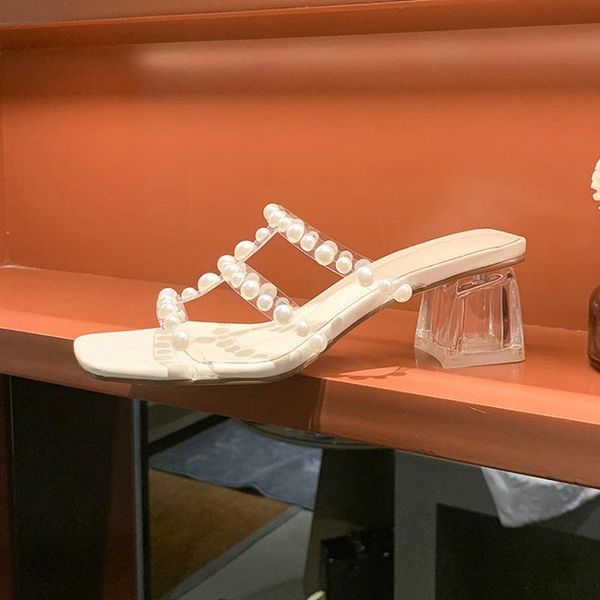 

sandals korea casual pvc pearls transparent women's high heel slipper mules slip on chunky square toe summer party dress shoes, Black