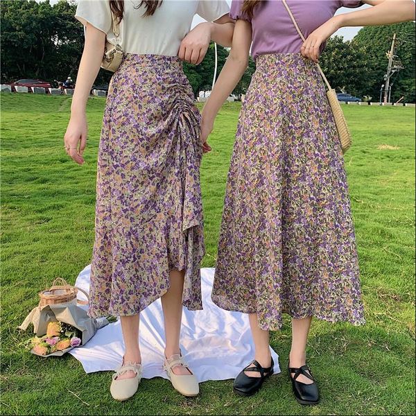 

vintage floral print ruffle pleated long skirts summer women korean skirt streetwear drawstring elastic waist midi skirt s l, Black