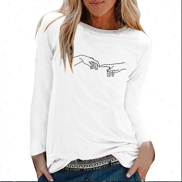 

two hands printing long sleeve t shirts women autumn winter 2021 graphic tees streetwear white o neck clothing femme ropa mujer
