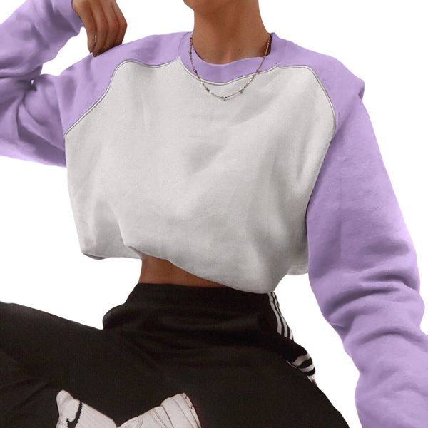 

women patchwork fleece sport short sweatshirts long sleeve crew neck pullover slim club casual fashion crop streetwear, Black