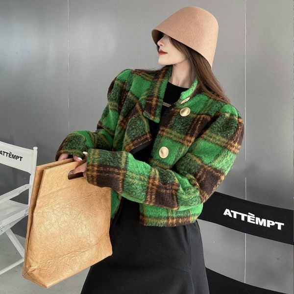 

women's wool & blends 2021 women vintage green woolen jacket short coat, Black