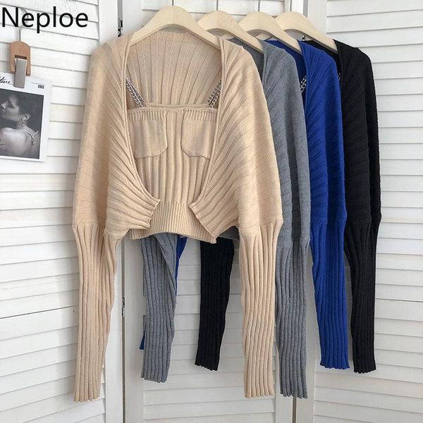 

women's knits & tees neploe women winter sweater clothes set cropped cardigan metal chain sling loose casual suater sute 2021 ropa de, White
