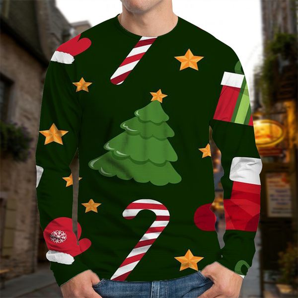 

men's christmas tree gloves cane pattern shirt visual impact party fashion round neck sweatshirt, Black