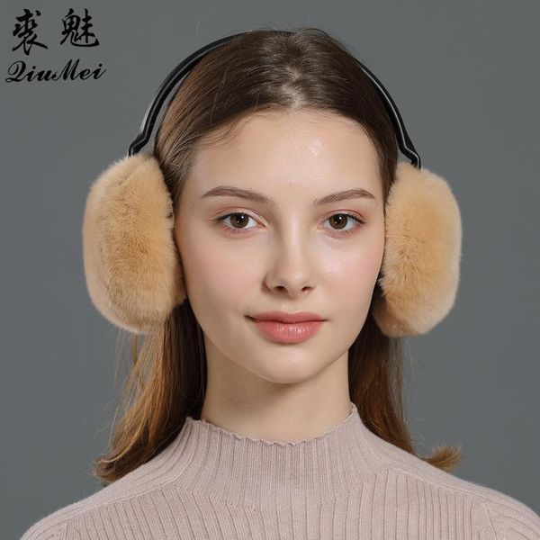 

berets women's real fur earmuffs rex female soft natural wind proof adjusted frame winter ear protector cover, Blue;gray