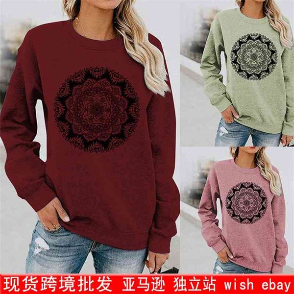 

fashion large women's round neck sweater long sleeve flower multi print, Black