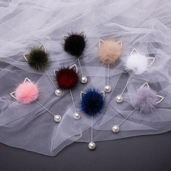 

rhinestone rabbit ears plug-in long brooch real mink hair fur ball pins for women handmade boutonniere stick pin lapel brooches, Gray