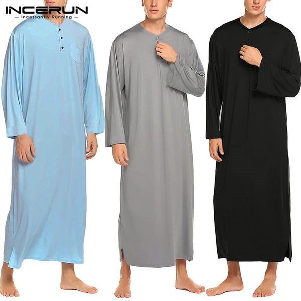 

incerun men robes pajamas long sleeve leisure solid color homewear comfortable o neck bathrobes mens kaftan dressing gown 2021, Black;brown