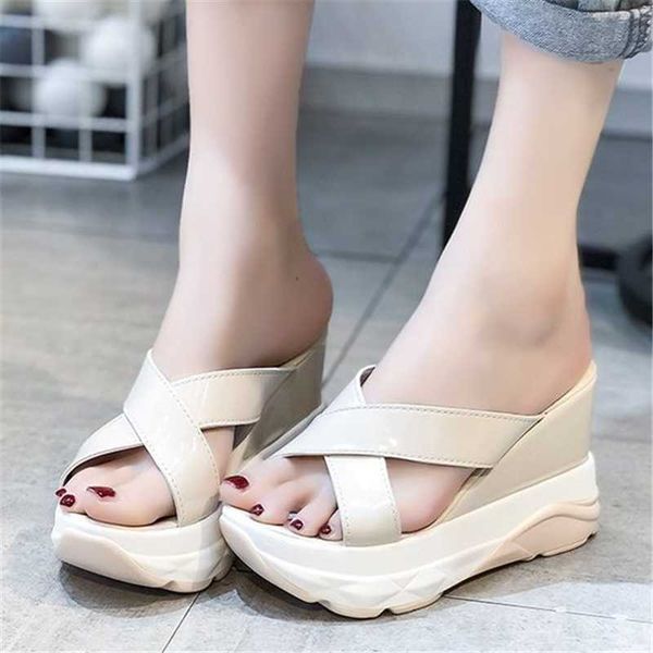 

slippers patent leather platform women 2021 summer female fashion casual sandals wedges open toe high heel slides, Black