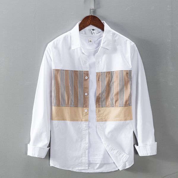 

2021 new style patchwork long-sleeved brand cotton shirt fashion comfortable spring shirts for men chemise camisa 4r72, White