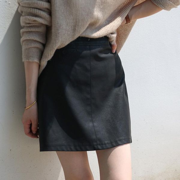 

skirts leather skirt autumn winter korean high waist mini female 3 colors chic fashion a-line pu women, Black