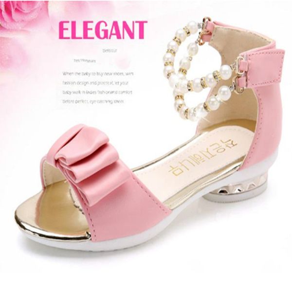 

2021 summer new girls sandals bows pearl female childrens shoes childrens small high-heeled main sandals, Black;red