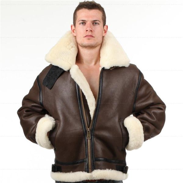 

men's leather & faux b3 shearling jacket bomber fur pilot world ii flying aviation air military us force the most warm polar coat men w, Black