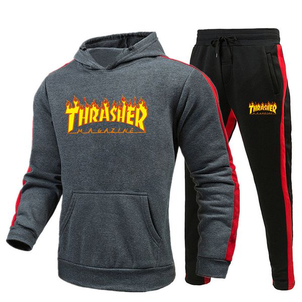 

men's clothing men sets printing hoodie set fleece zipper hooded sweatshirt + trousers casual mens tracksuits, Gray