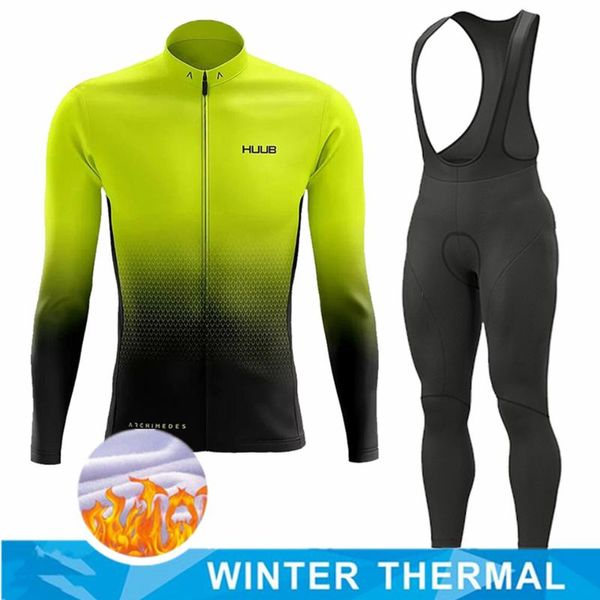 

racing sets huub team warm 2022 winter thermal fleece cycling clothing men's jersey suit outdoor riding bike clothes mtb long bib pants, Black;blue