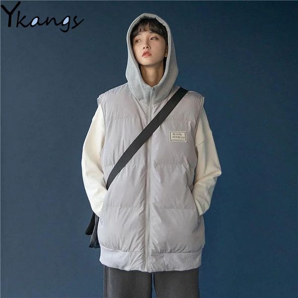 

women's vests winter warm solid hooded casual women loose zipper sleeveless jacket harajuku korean baggy vintage vest coat female, Black;white