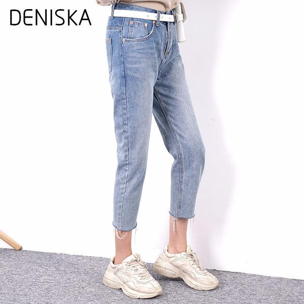 

women's jeans deniska women wide leg pants irregular cotton ankle length vintage washed mid waist pockets denim trousers 2021 spri, Blue